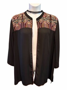 Catherines Black Open-Front Jacket with Multicolor Embroidered Yoke